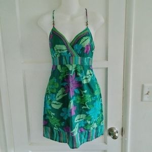 Guess Jeans Green & Purple Floral Tropical Mini Dress V-Neck Sz Juniors 1
